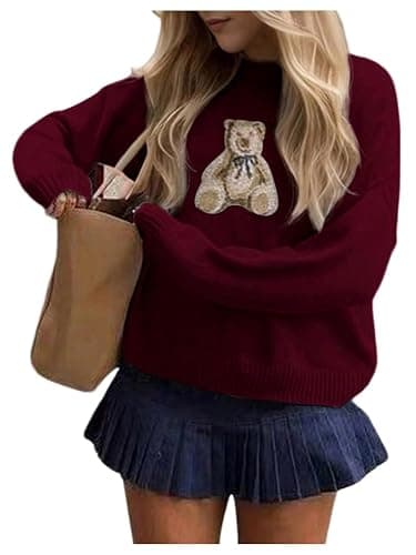 Floerns Women's Bear Long Sleeve Pullover Sweater Cute Crew Neck Knitted Tops - Image 1