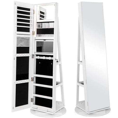 CHARMAID 360° Swivel Jewelry Armoire with Full Length Mirror, Rear Storage Shelves, Lockable Standing Jewelry Cabinet Organizer with Interior Vanity Mirror and 3-Color Lights (White) thumbnail 9