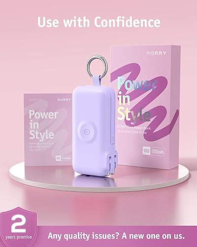 RORRY Flow Portable Charger 10000mAh 40W Wall Plug Power Bank Battery Pack | Built-in USB-C Cable, Keychain Design, Fast Charging, for iPhone 18 Pro/17/16/15, Apple Watch, iPad, Travel Essential thumbnail 2