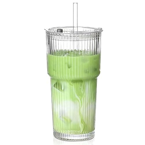 MINGHYZYA 20 oz Glass Tumblers, Iced Coffee Cups with Lids and Glass Straws, Thickened Wall Ribbed Glass Cups, Ideal for Smoothies, Cocktails, and Juices – Vintage and Durable Drinkware – 1 Pack - Image 1
