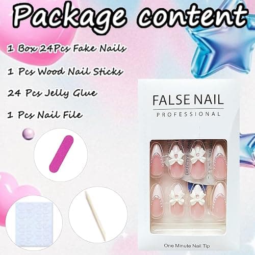 24pcs Almond Shaped Artificial Nails - French Tips with Cute Bow Charms Design - Nude Pink Acrylic Nails for Women & Girls thumbnail 5