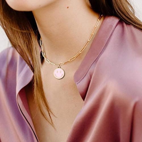 Smile Pendant Necklace Smile Face Chain Necklace Paperclip Necklace Cute Round Pendant Necklace Preppy Jewelry for Women Girls thumbnail 2