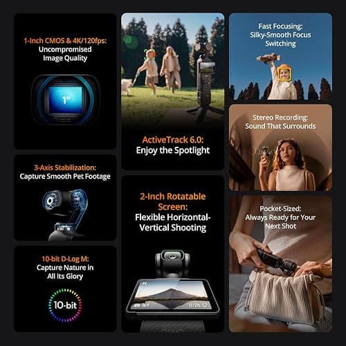 DJI Osmo Pocket 3 Creator Combo, 4K/120fps Video 3-Axis Stabilization, Handheld Vlogging Camera with Rotatable Touchscreen Mic 2 (CP.OS.00000302.01) + 64GB Memory Card + Camera Bag + More thumbnail 6