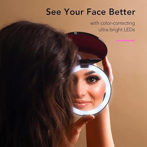 Fancii Taylor LED Lighted Travel Makeup Mirror, Rechargeable with 10x/1x Magnifying & 3 Light Settings - Compact, Portable, Large 5” Wide Hand Mirror for Handbag and Purses (Black) thumbnail 6