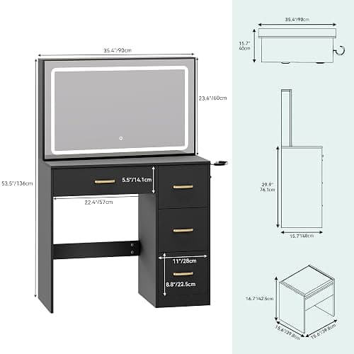 YITAHOME Vanity Desk Set with Large 35" LED Mirror, Makeup Table with 2 AC Outlets and 2 USB Ports, 4 Drawers & Stool, Adjustable Lighting, Modern Dressing Table, Black - Jet Black - LED Strip thumbnail 2