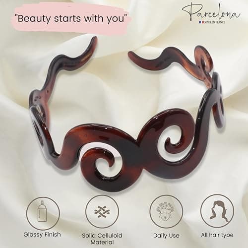 Parcelona French Swirls Wide 1.5" Tortoise Shell Celluloid Acetate Flexible No Slip Sturdy and Durable Hair Clips Hair Headband for Women and Girls, Made in France thumbnail 2