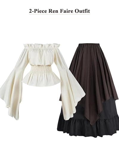 NSPSTT Renaissance Costume Women 2 Piece Medieval Dress Set Bell Sleeve Layered Peasant Outfit for Ren Faire thumbnail 5
