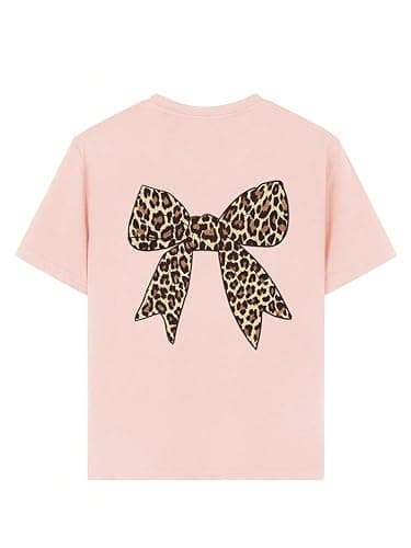 RoseSeek Girl's Bow Leopard Graphic Tees Short Sleeve Preppy Summer T Shirt Aesthetic Baggy Tops thumbnail 4