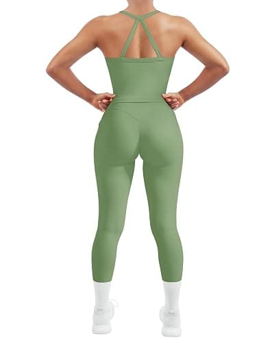 SUUKSESS Women 2 Piece Workout Sets Compression Tummy Control Leggings with Pockets Halter Built in Bra Tank Tops - Image 1