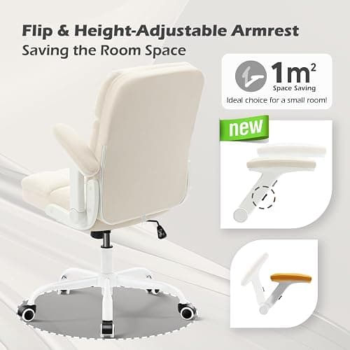 SEATZONE Home Office Chair–Beige Velvet Desk Chair with Wheels, Comfortable Computer Work Chair with Flip-up Arms and Adjustable Tilt thumbnail 7