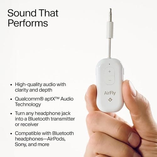 AirFly Pro 2 – Bluetooth Adapter, Pair 2 AirPods or Wireless Headphones – 3.5mm AUX Bluetooth Transmitter and Receiver for Cars, Boats, Treadmills, TVs & More – Travel Essentials,White thumbnail 6