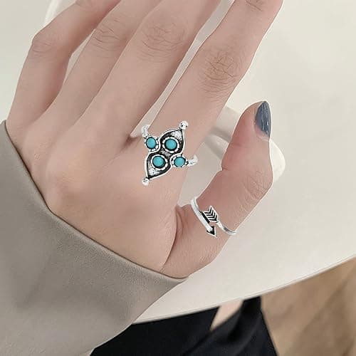 NEWITIN 20 Pcs Turquoise Rings for Women Vintage Knuckle Western Ring Set | Bohemian Oval Gemstone Stackable Rings, Knuckle Silver Rings Set, Boho Turquoise Jewelry for Cowgirl, Country Concert Outfits thumbnail 5