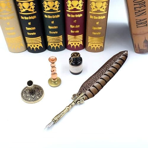GC QUILL Antique Quill Pen Unique Half-Patterned Feather Pen Set with 6 Nibs 1 Bottle of Ink 1 Seal Stamp 1 Pen Holder 1 Sealing Wax LL-149 thumbnail 2