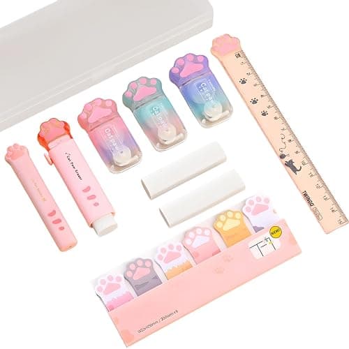 Cat Paw Stationery Set 10 Pieces, Kawaii School Office Supplies Kit, Cute Paw Print Design Highlighters, Ruler, Box Cutter, Writing Accessories for Students, Pink White Theme - Image 1