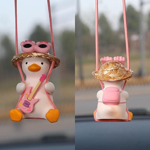 Gmngis Rear View Mirror Hanging Accessories of Swinging Duck Cool Swinging Duck Car Hanging Ornament Pendant Interior Rearview Mirror Decoration (White-Pink Duck) thumbnail 3