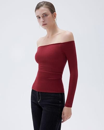 SUUKSESS Women Padded Off The Shoulder Tops Ribbed Long Sleeve Shirts Fall Basic thumbnail 2