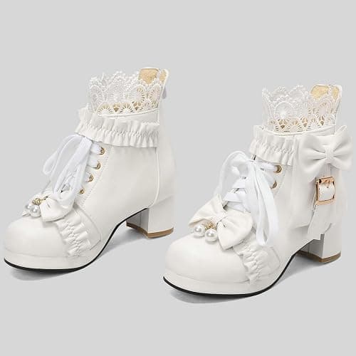 LUXMAX Women Chunky Heel Lace Up Booties Lolita Kawaii Shoes Block Heel Cute Ankle Boots Sweet Lace Boots with Bow thumbnail 5