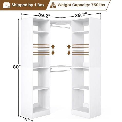 Besiost Corner Closet System with 12 Shelves, 39.2" Corner Closet Organizer System with 2 Hanging Rods, Versatile 6-Tier Walk-in Closets for Corner Space, White (39.2" L x 39.2" W x 80" H) thumbnail 3