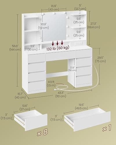 VASAGLE Kailyn Collection - Vanity Desk with Mirror and 9 LED Bulbs, Vanity Makeup Table with Power Outlets, Dressing Table with 9 Drawers, for Bedroom, Cloud White URDT141WB01S thumbnail 2