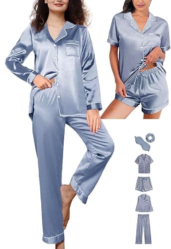 WJing Yi Jia 6Pcs Womens Silk Satin Pajamas Set XS-XXL Pajama Sets Pjs Set Button Down Pj Sets Sleepwear Loungewear thumbnail 3