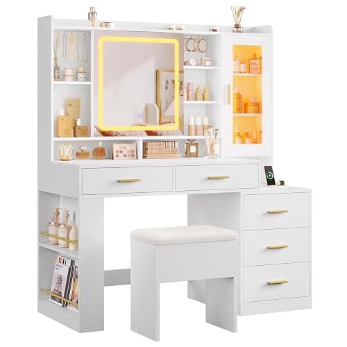 DICTAC Makeup Vanity Desk with Sliding LED Lighted Mirror, 47.2"W Large Vanity Desk with Drawers, Shelves and Side Storage, RGB Glass Cabinet, White Vanity Table Set with Charging Station for Bedroom thumbnail 9