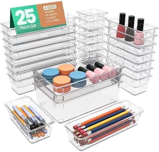 KICHLY Pack of 25 Clear 4 Sizes Makeup Drawer Organiser set, Acrylic Organization Plastic Storage Organiser tray for Bathroom, Vanity, Office Desk, kitchen, Bedroom - Image 1