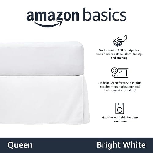 Amazon Basics Lightweight Pleated Bed Skirt, Queen, Bright White, Solid thumbnail 4