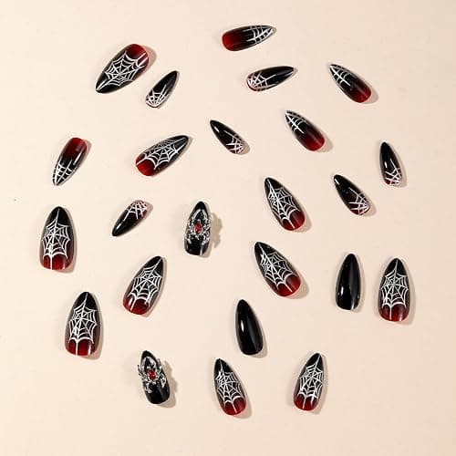 MouyouGlow Press on Nails Kurz,Almond Halloween Spinnennetz 3D Spinnen Crytsal Horror Creepy Spooky Gothic Fake Nails mit Nagelkleber,Rot Ombre Schwarz Künstliche Fingernägel thumbnail 3