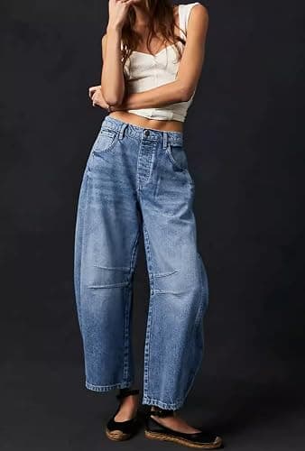 Womens Stretchy Mid Rise Barrel Jeans Vintage Loose Wide Leg Cropped Denim Pants Y2k Baggy Boyfriend Jeans thumbnail 2