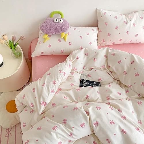 Nayoroom Bettwäsche 135x200 Mädchen Weiß mit Rosa Schleifen Kinder Bettbezug 2teilig Aesthetic Kawaii Schleifenmuster Microfaser Einzelbett Deckenbezug mit Reißverschluss und Kissenbezug 80x80cm thumbnail 6