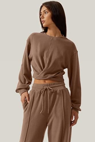 QINSEN Women 2 Piece Outfits Sweatsuit Set Twist Front Cropped Sweatshirt Wide Leg Sweatpant Lounge Set Tracksuit thumbnail 5