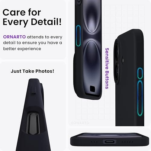ORNARTO Compatible with iPhone 16 Case 6.1", Slim Liquid Silicone 3 Layers Full Covered Soft Gel Rubber Shockproof Phone Case, Protective Cover with Anti-Scratch Microfiber Lining-Black thumbnail 5