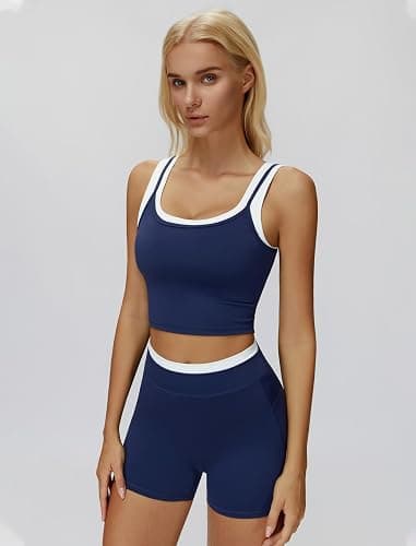 PQBPQB Women 2 Piece Workout Sets Racerback Color Block Tank Top High Waist Tummy Control Shorts Yoga Outfits thumbnail 3