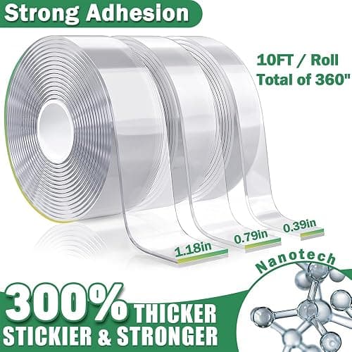 UGNEL 3 Rolls Double Sided Tape Heavy Duty - Total 30FT, Extra Strong Nano Tape Adhesive Strips Tape, Clear Mounting Tape Removable Two Sided Adhesive Tape for Walls, Posters, Rug, Picture Hanging thumbnail 2