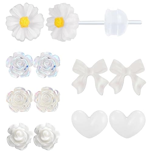 KASFREE Plastic Post Earrings for Sensitive Ears White Plastic Stud Earrings with Plastic Posts Hypoallergenic Plastic Earrings for Women - Image 1