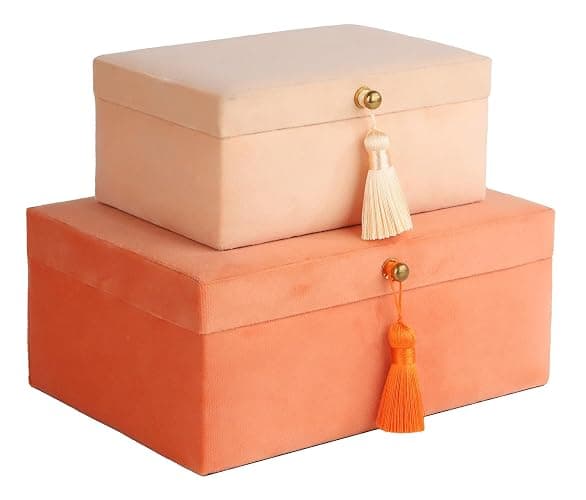 HofferRuffer Velvet Jewelry Boxes Decorative Boxes, Storage Accessory Organizer Boxes with Elegant Handle Decor, Classic Velvet Set of 2 Pieces (Orange) - Image 1