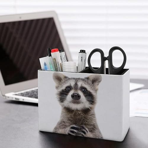 Niapessel Pencil Holder for Desk, Cute Funny Raccoon Pen Holder Storage Desktop Pen Organizer Desk Pencil Organizer Makeup Brush Holder for Office School College Leather thumbnail 2