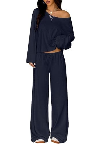 TDCoool Two Piece Matching Lounge Sets For Women Vacation Airport Fall Outfits Off Shoulder Sweatshirt Wide Leg Sweatpant Set - Image 1