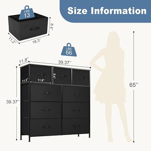 DUMOS Dresser for Bedroom, Storage Organizer with 9 Drawers, Chest of Drawers with Fabric Bins, Sturdy Metal Frame, Wood Tabletop for Guest Room, Closet, Entryway, Black thumbnail 3