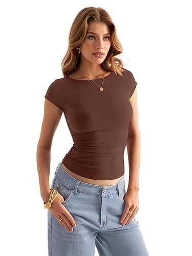 EasyGala Womens Double Lined Cap Sleeve Tops Cute Boat Neck T Shirts Slim Fitted Going Out Tees Y2k Summer Clothes 2026 thumbnail 3