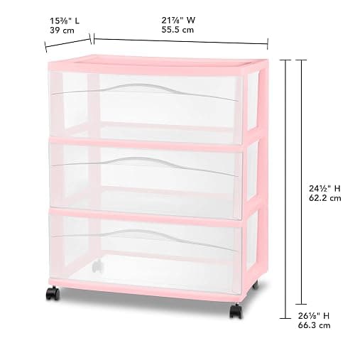 Sterilite 2 Pack Wide 3 Drawer Storage Cart, Rolling Organization, Pink | Clear Plastic Organizer Drawers with Wheels for Craft Supplies, Bath Essentials, or Home Accessories thumbnail 3