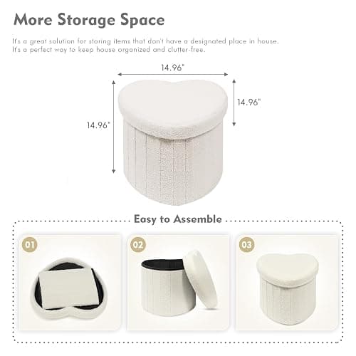 B FSOBEIIALEO Storage Ottoman Cube, Heart Shaped Ottomans with Storage Foot Stool Footrest for Lving Room, Boucle Ottoman Seat for Dorm Room,Faux Teddy Fur, White 15"x15"x15" thumbnail 3