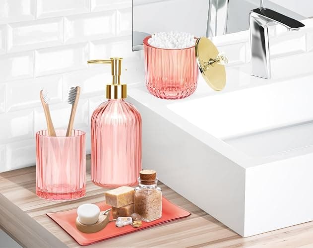 Haturi Bathroom Accessories Set, 4 Pcs Pink Glass Bathroom Accessories Sets Complete w/Lotion Soap Dispenser, Toothbrush Holder, Apothecary Jar, Vanity Tray, Bathroom Decor, Gift for Home Apartment | Kit w/ Bathroom Soap Dispenser Set, Toothbrush Holder, Qtip Holder, Vanity Tray, Pink Bathroom Decor, Gift for Home Apartment thumbnail 2