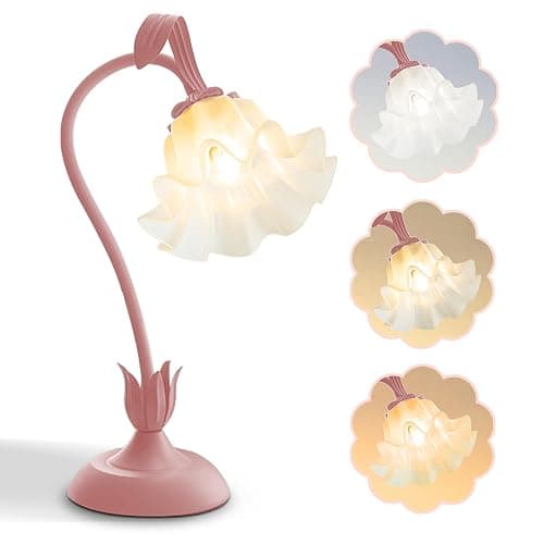 AQDZCNF Flower Table Lamp,LED Reading Light Bedside Vintage Flower Night Light,3 Colors Modes Kawaii Bedside Lamps Decor,Living Room Bedroom Room Lighting Table Lamps Home Decoration (Pink) - Image 1