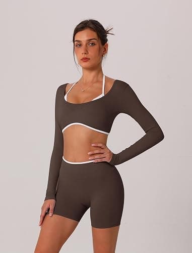 ABOCIW Workout Sets for Women 2 Piece Seamless Color Block Long Sleeve Crop Top Scrunch Butt High Waist Shorts Gym Set thumbnail 4