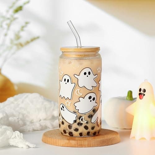 KMCCUMBER Halloween Ghost Fall Glass Cup with Lid Straw Gifts for Women | 16oz Ghost Fall Mug, Iced Coffee Glass Tumbler, Goth Teens girls Basket Stuffer for Halloween thumbnail 6