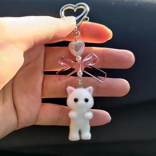Agromusk Cute Kitty Keychain, Fuzzy Cat Decor Gifts, Y2K Heart Bow Pendent Women Girls Kawaii Cat Bag Charm thumbnail 3