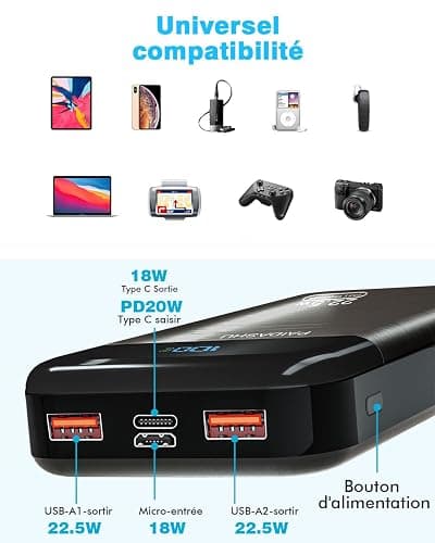 Batterie Externe, 22.5W 27000mAh Power Bank, Batterie Portable USB C Input & Output PD3.0 QC4.0 Charge Rapide Powerbank Compatible avec Smartphone, tablettes (P38S) thumbnail 6