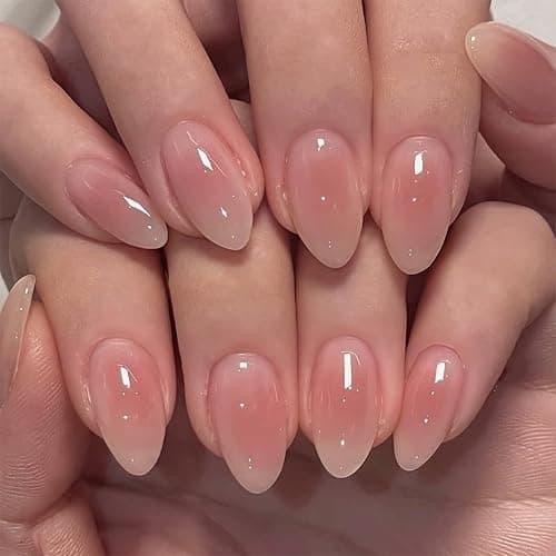 Pink Aura Press on Nails Short Almond Fake Nails Cute False Nails Press ons with Design for Women Manicure,Glossy Finish | Reusable | Nail Kit with Jelly Adhesive Tabs | 24 Pcs - Image 1