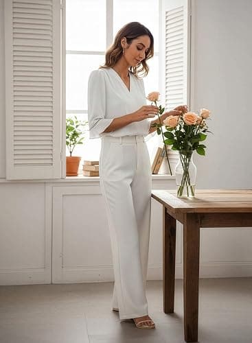 EVALESS Women's 3/4 Sleeve Tops Dressy Casual Pleated V Neck Business Work Blouses Office Shirts thumbnail 3